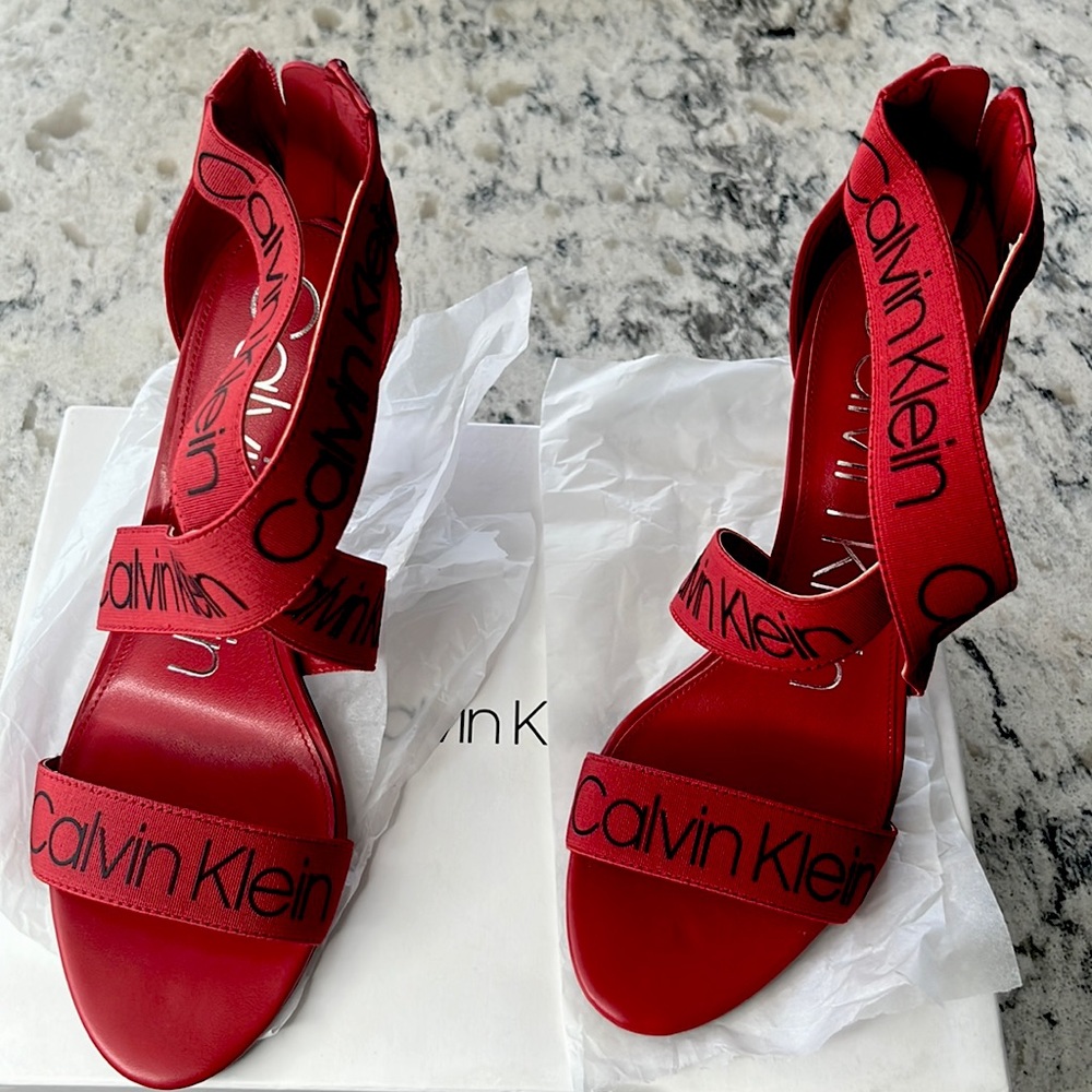 Calvin Klein Salas Elastic Cherry Red Size 8, 4 inch heels